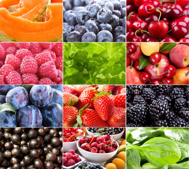 collage with different fruits, berries, herbs and vegetables