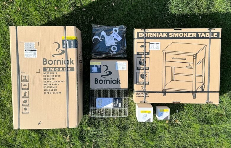 Unser Borniak Räucherofen Setup des BBQ Inox 70 mit Timer und Unterschrank