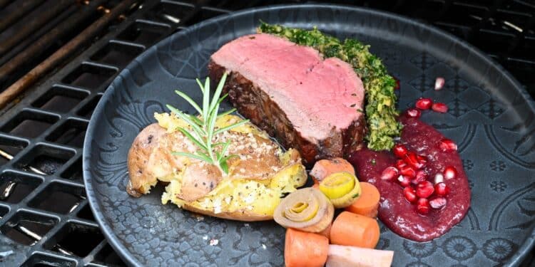 Rinderfilet im Ganze auf Granatapfelsauce mit Smashed Potatoes